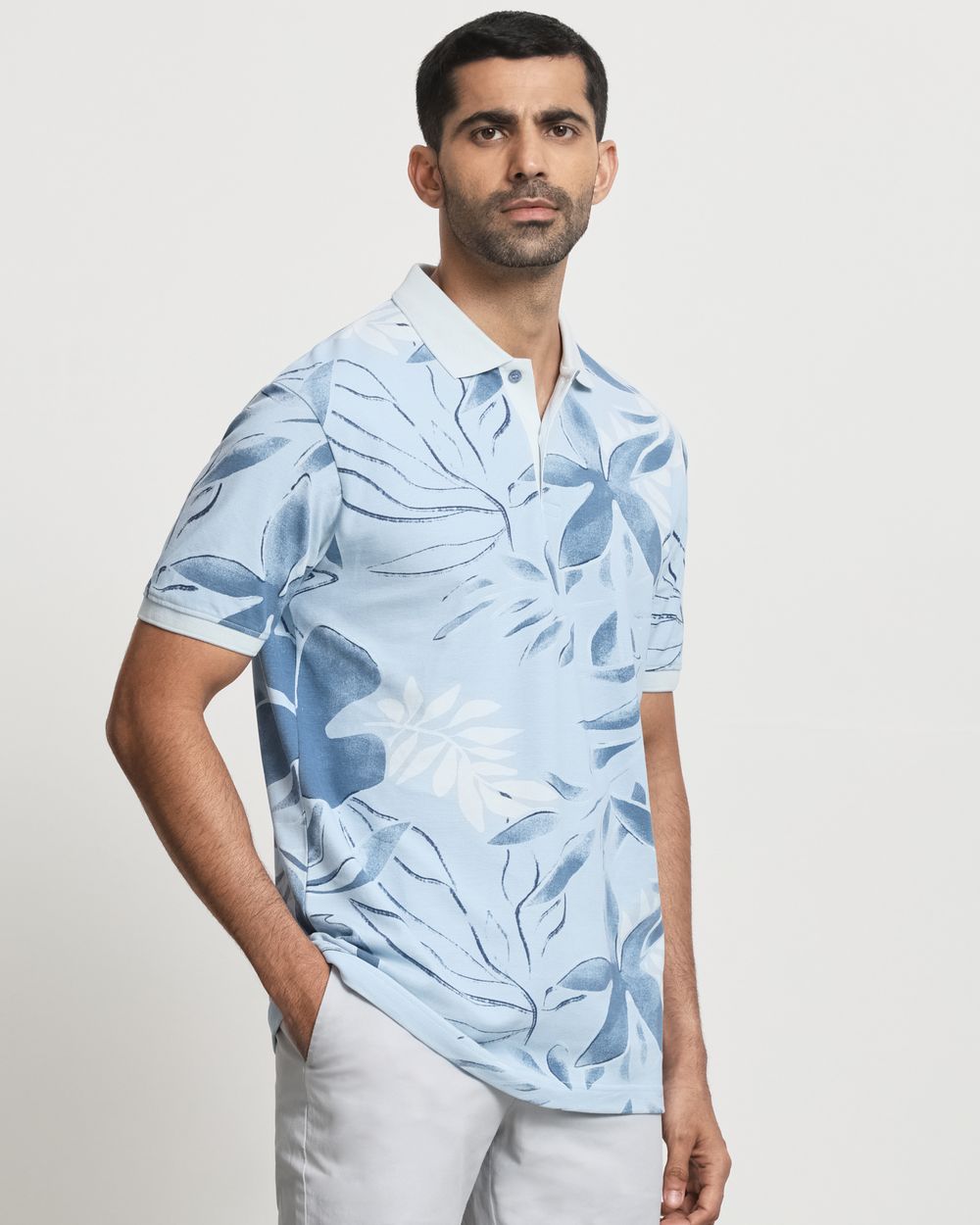 Blue Floral Print Slim Fit Polo