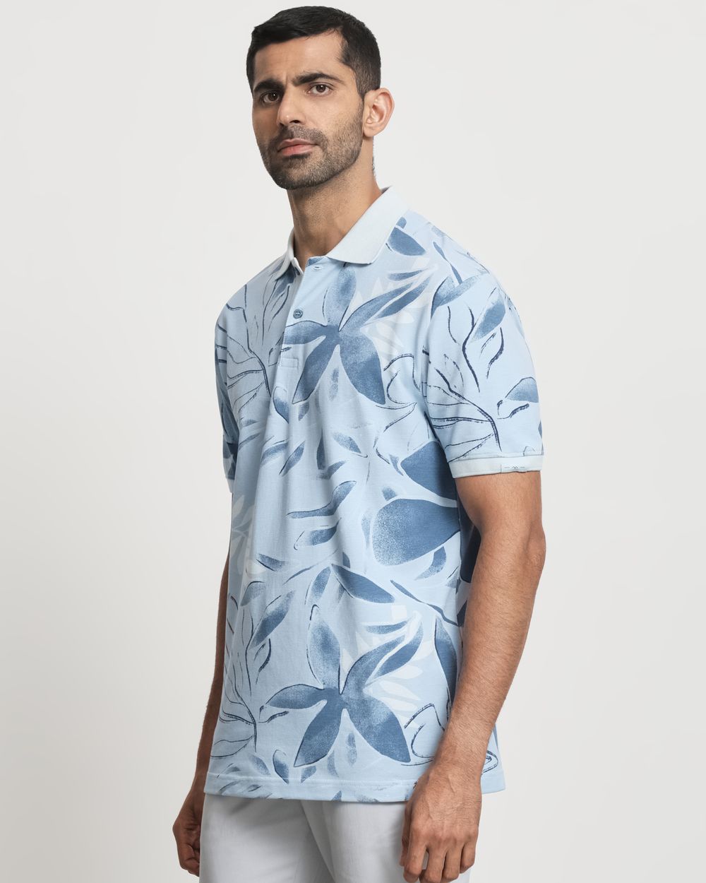 Blue Floral Print Slim Fit Polo