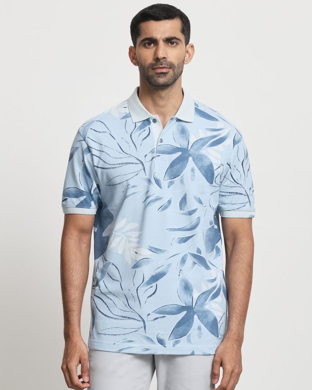 Blue Floral Print Slim Fit Polo
