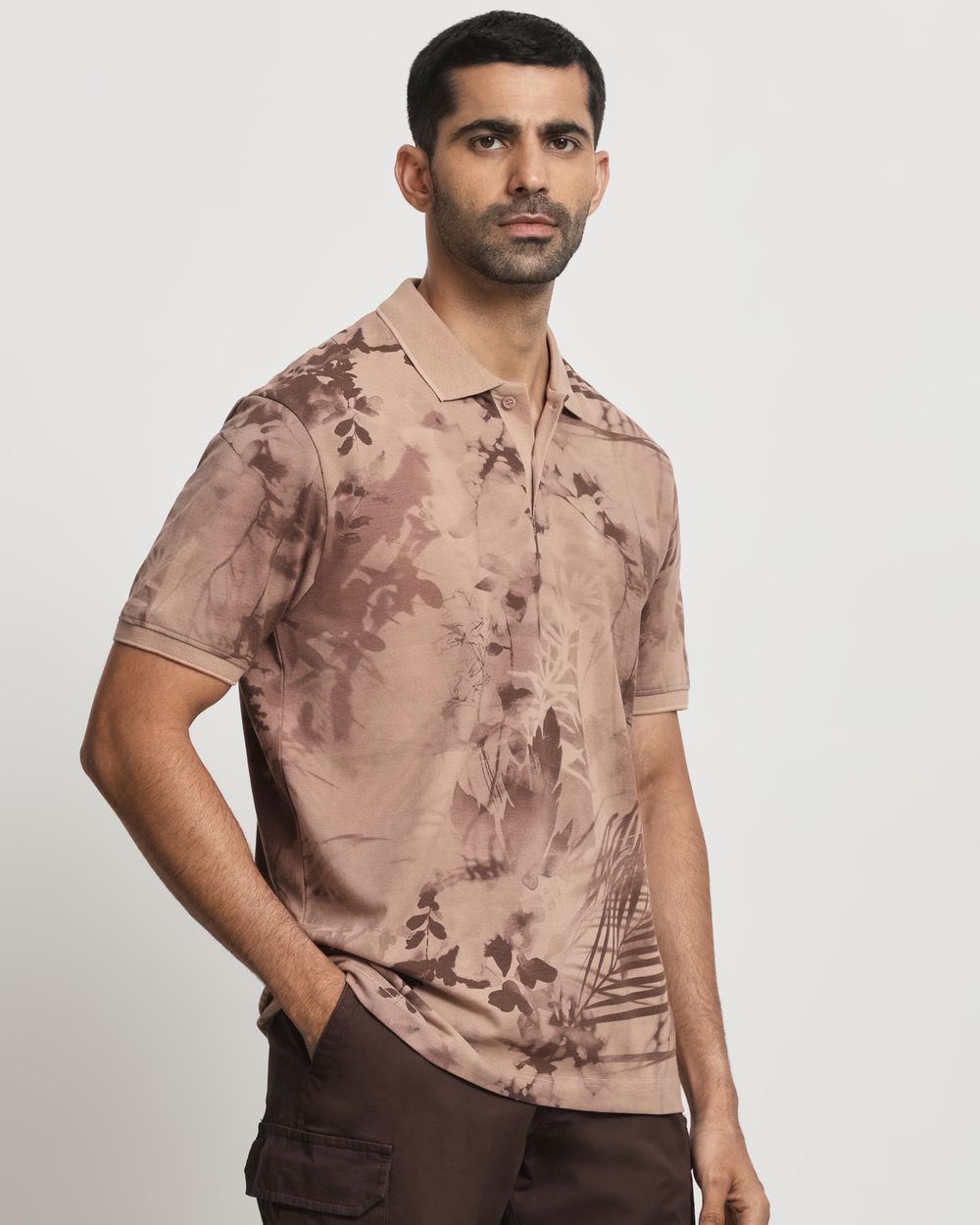 Brown Floral Print Slim Fit Polo