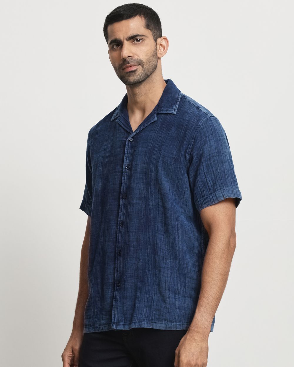 Dark Indigo Blue Denim Plain Relaxed Fit Casual Shirt