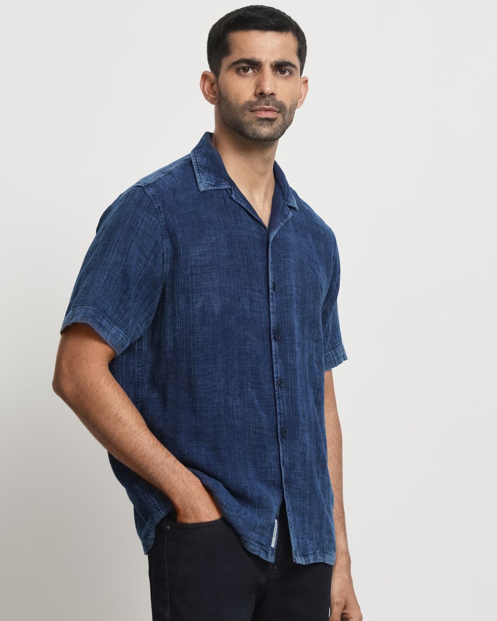 Dark Indigo Blue Denim Plain Relaxed Fit Casual Shirt