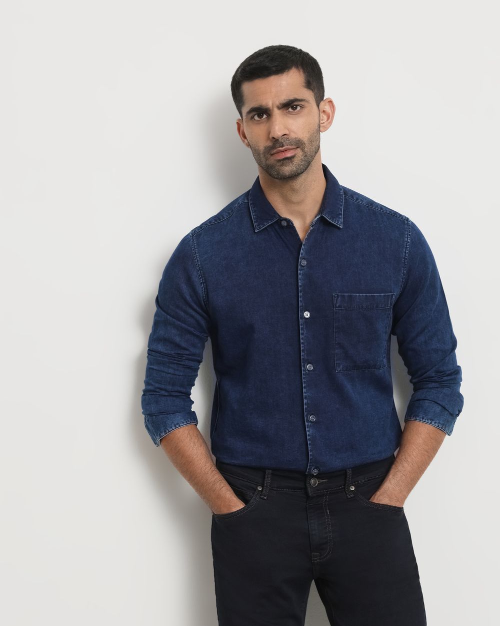 Indigo Blue Denim Plain Slim Fit Casual Shirt