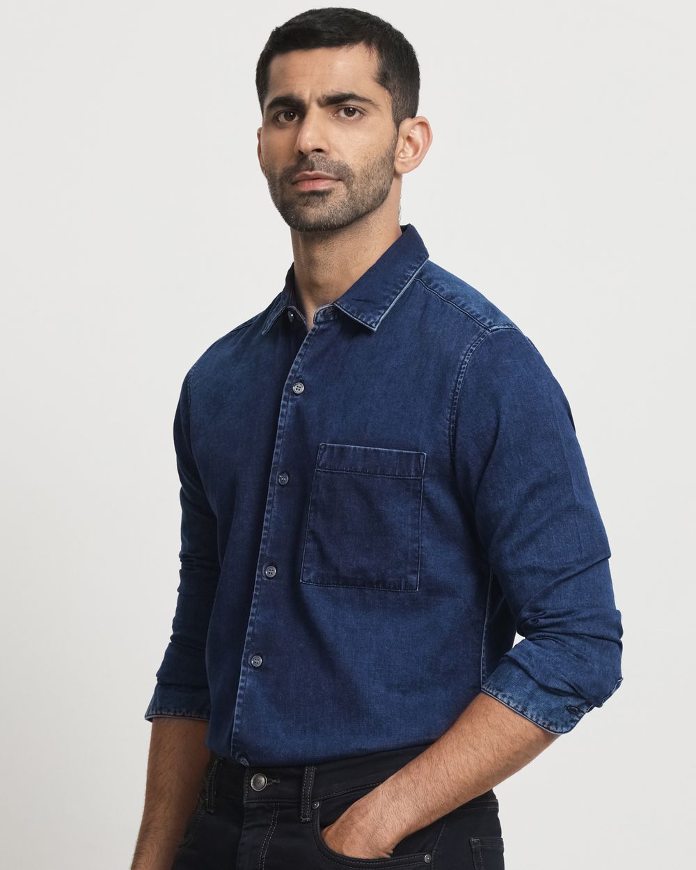 Indigo Blue Denim Plain Slim Fit Casual Shirt