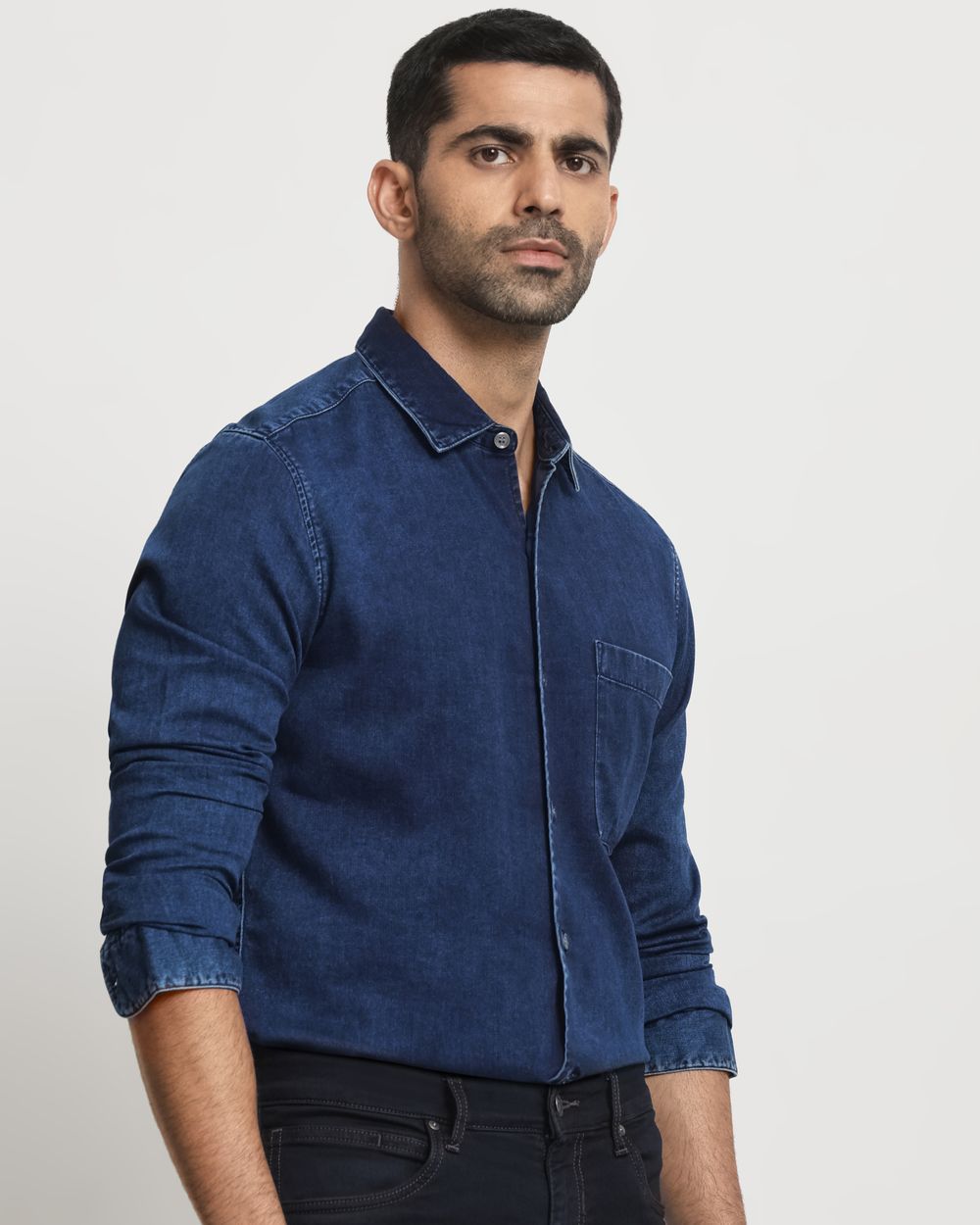 Indigo Blue Denim Plain Slim Fit Casual Shirt