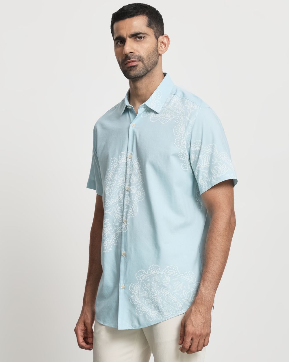 Light Blue Paisley Print Slim Fit Casual Shirt