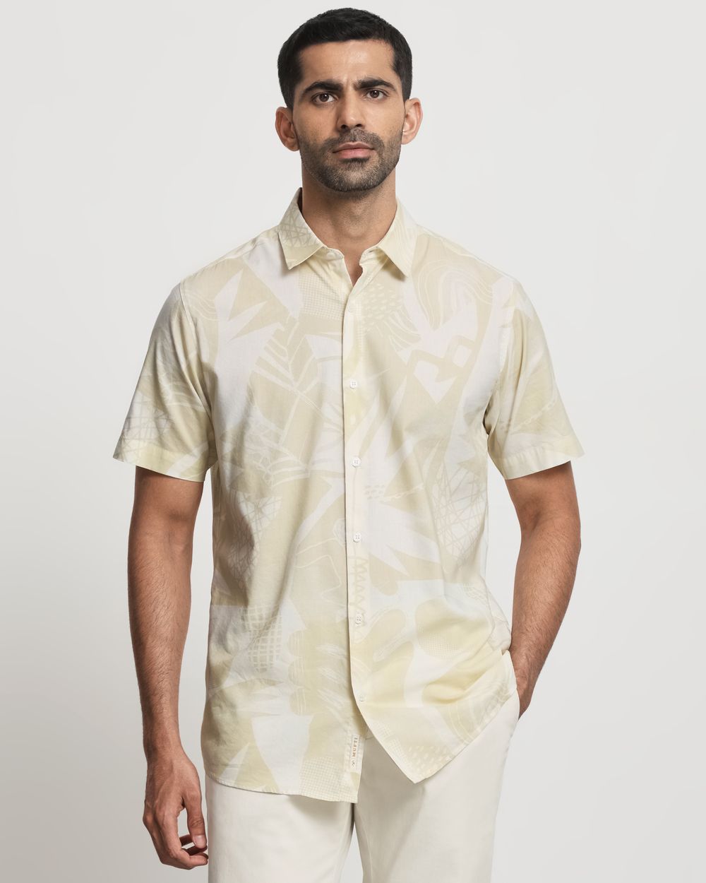 Beige Tonal Print Slim Fit Casual Shirt