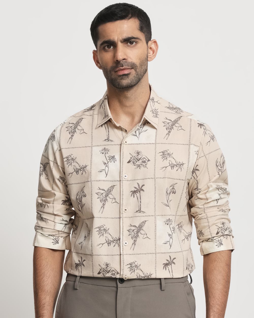 Beige Tonal Print Slim Fit Casual Shirt