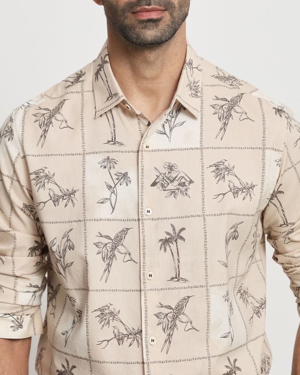 Beige Tonal Print Slim Fit Casual Shirt
