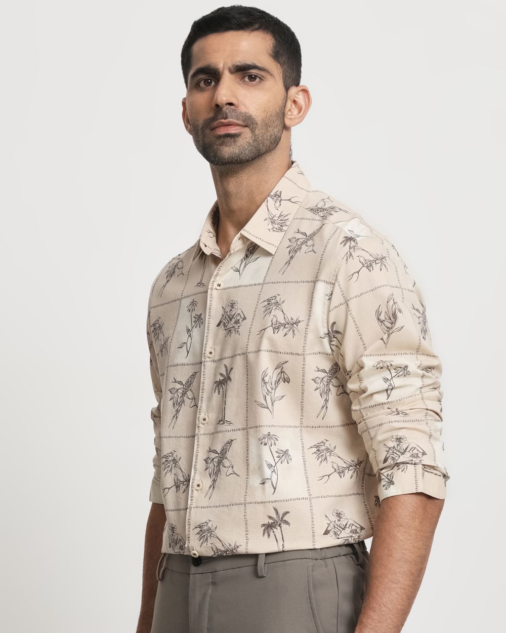 Beige Tonal Print Slim Fit Casual Shirt