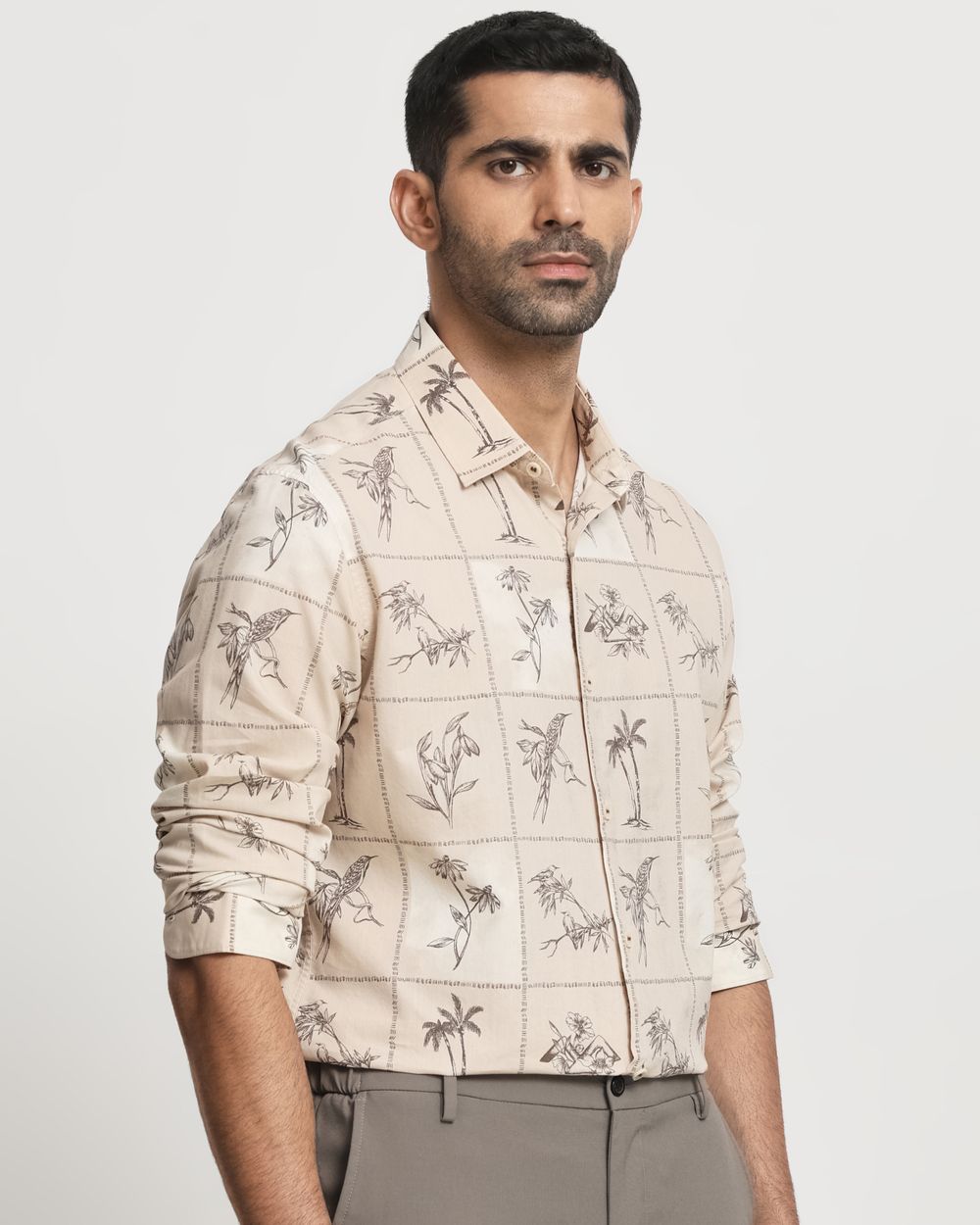 Beige Tonal Print Slim Fit Casual Shirt