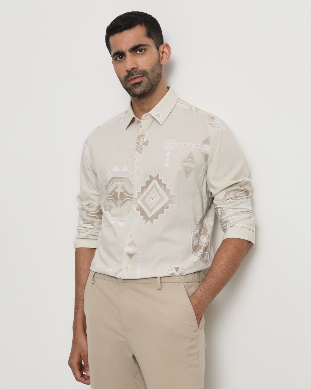 Beige Abstract Print Slim Fit Casual Shirt