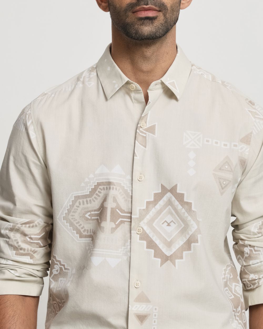 Beige Abstract Print Slim Fit Casual Shirt