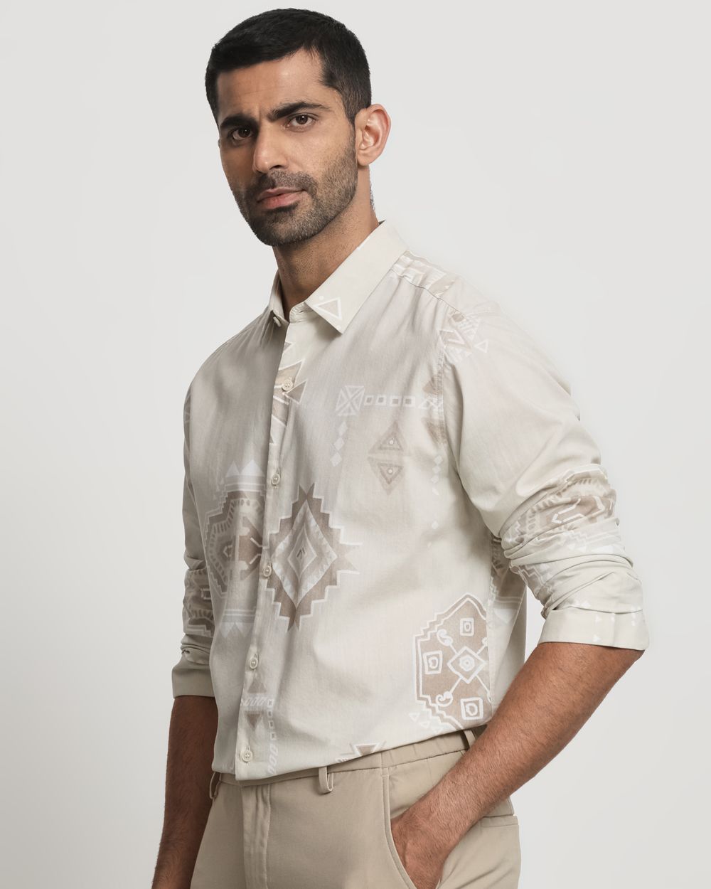Beige Abstract Print Slim Fit Casual Shirt