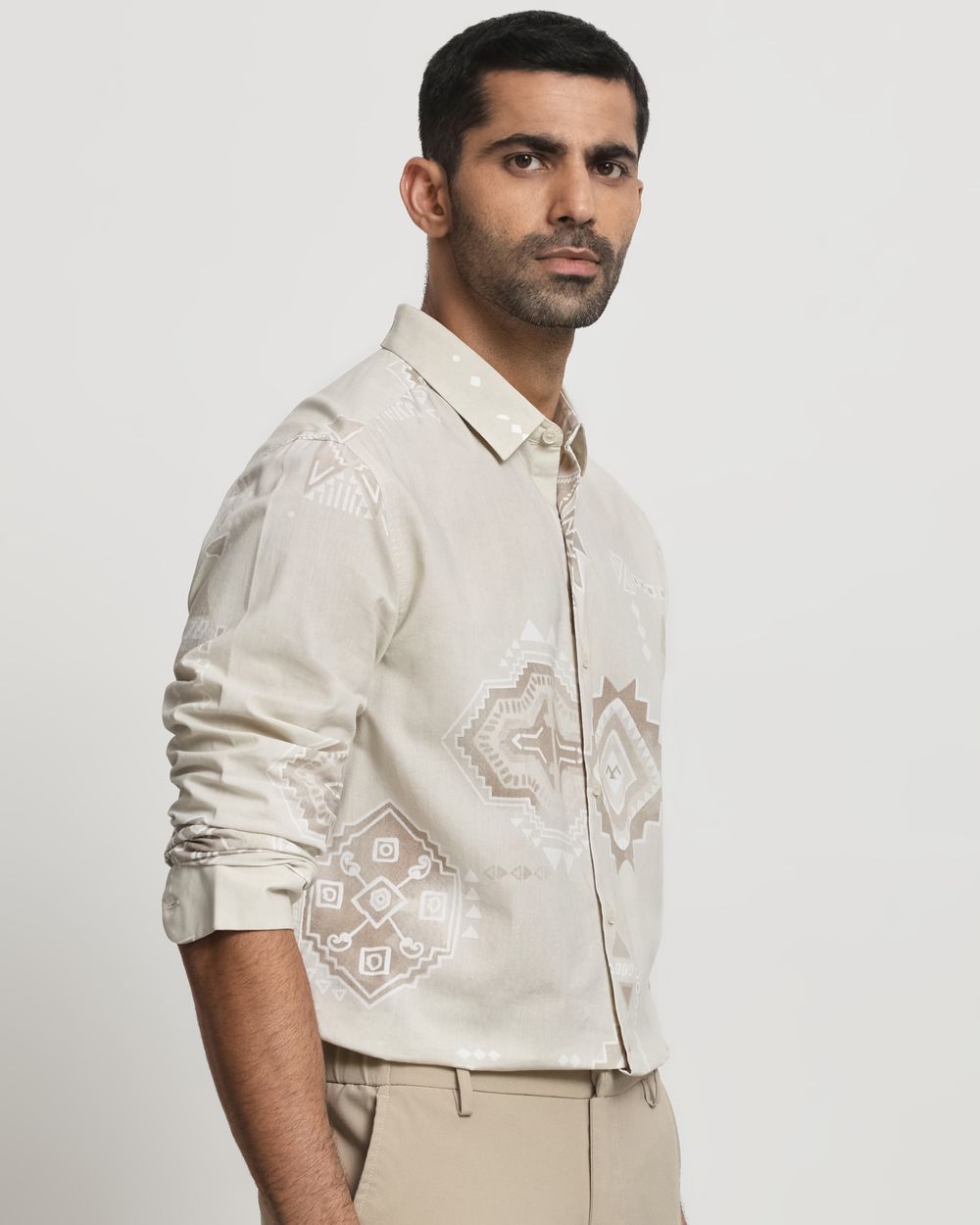 Beige Abstract Print Slim Fit Casual Shirt