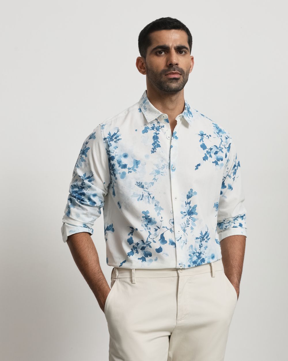 Off White Floral Print Slim Fit Casual Shirt