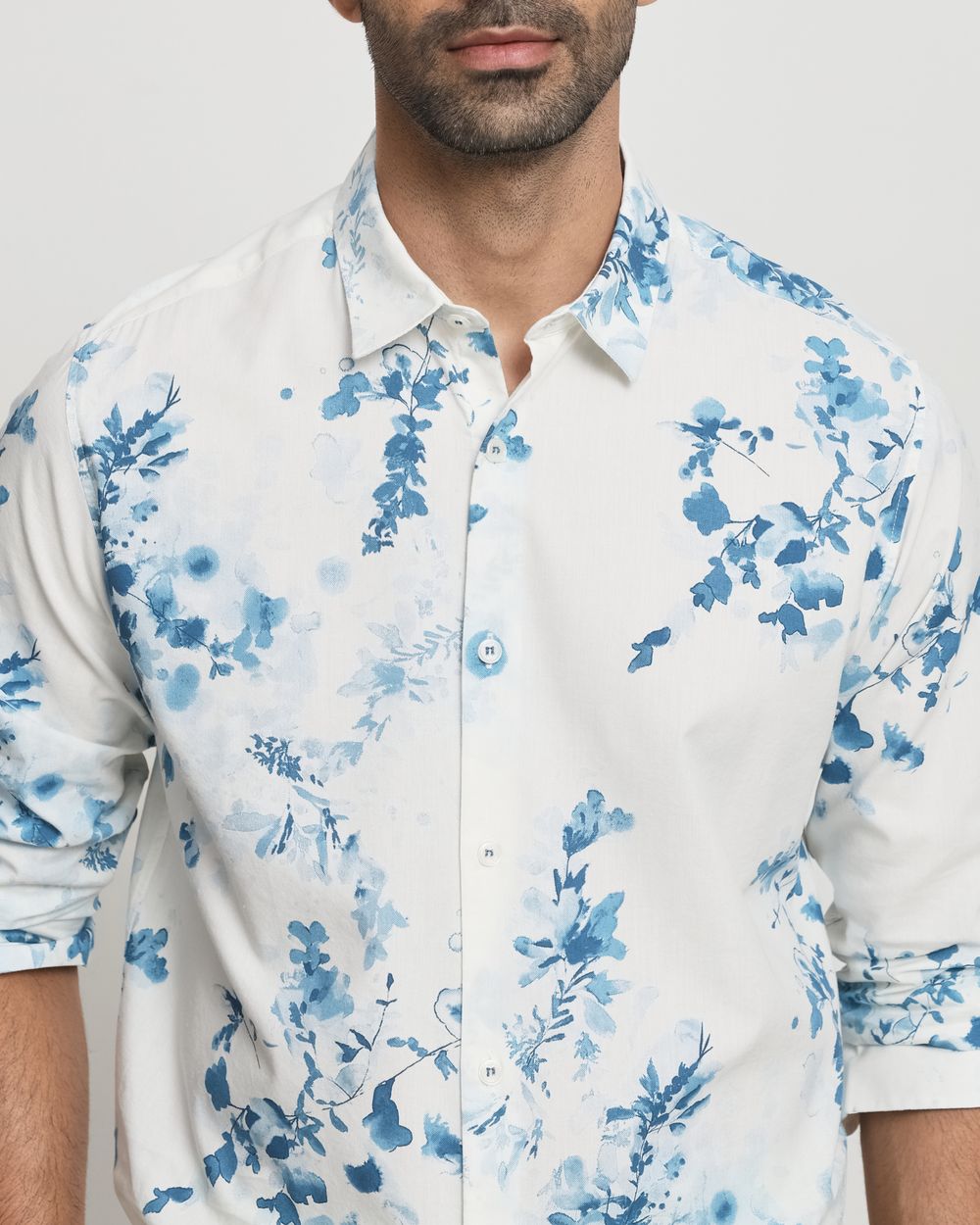 Off White Floral Print Slim Fit Casual Shirt