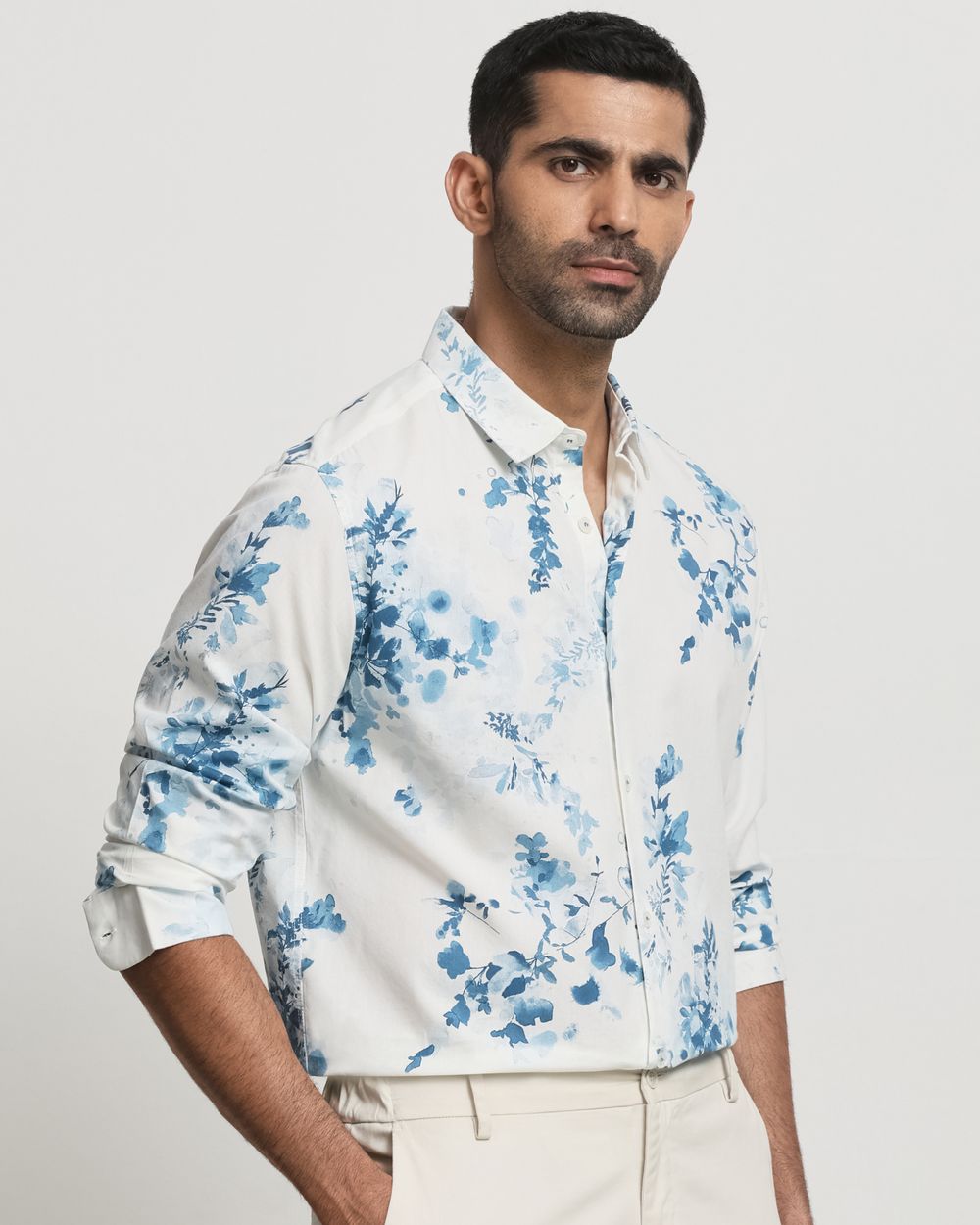 Off White Floral Print Slim Fit Casual Shirt