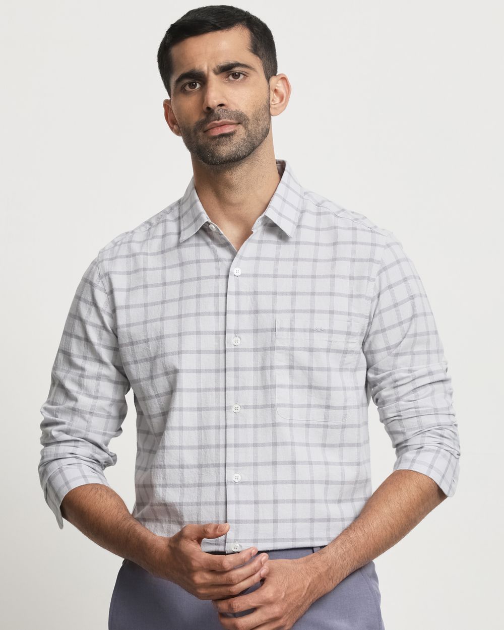 Light Grey Cotton Linen Check Slim Fit Casual Shirt