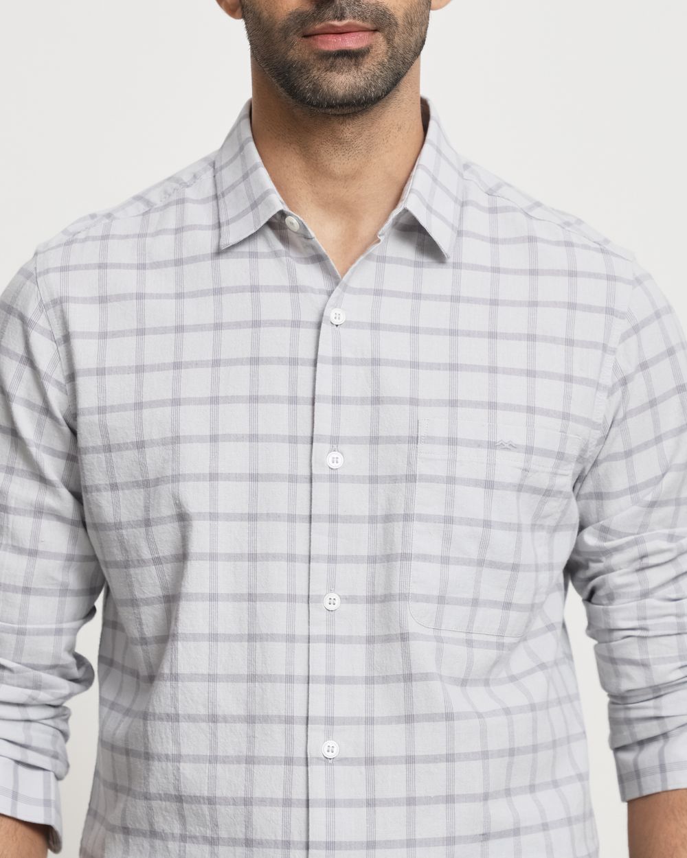 Light Grey Cotton Linen Check Slim Fit Casual Shirt