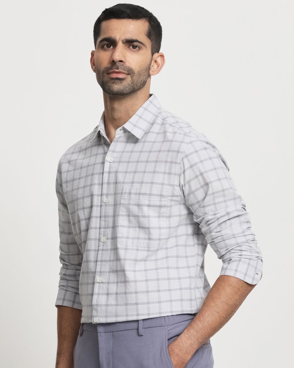 Light Grey Cotton Linen Check Slim Fit Casual Shirt