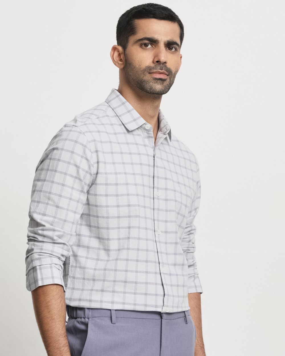 Light Grey Cotton Linen Check Slim Fit Casual Shirt