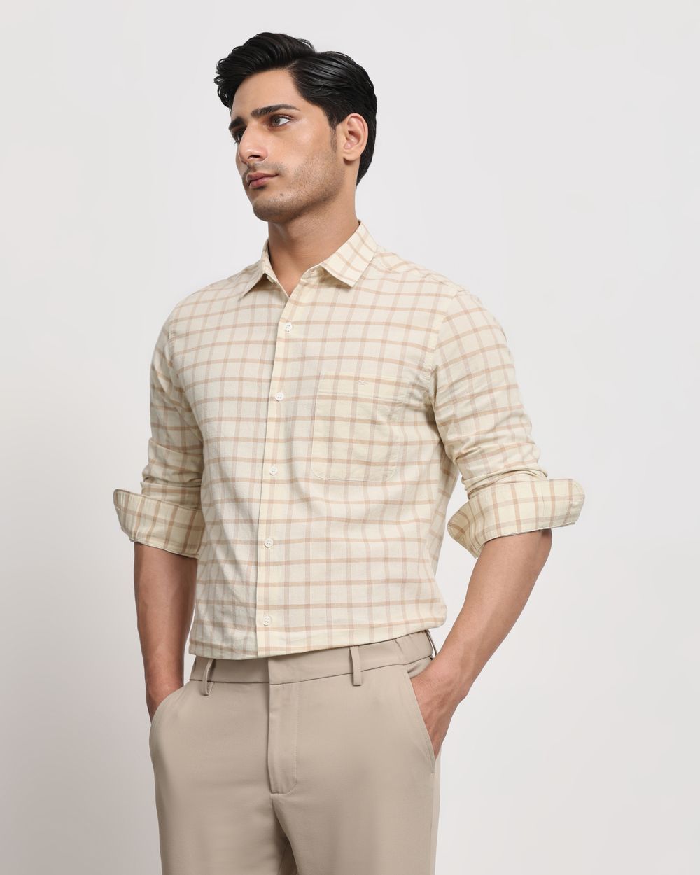 Beige Cotton Linen Check Slim Fit Casual Shirt