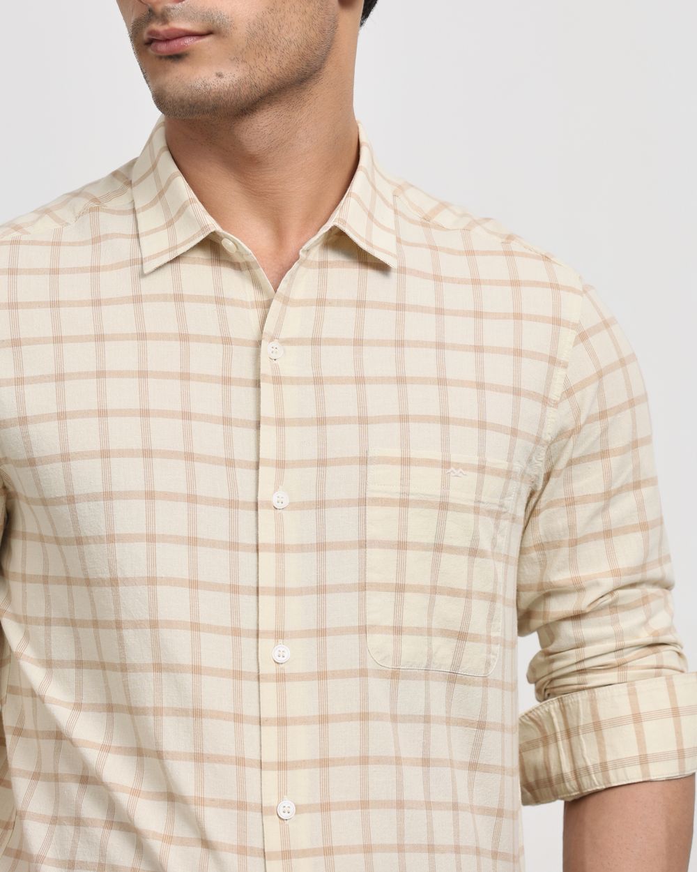 Beige Cotton Linen Check Slim Fit Casual Shirt
