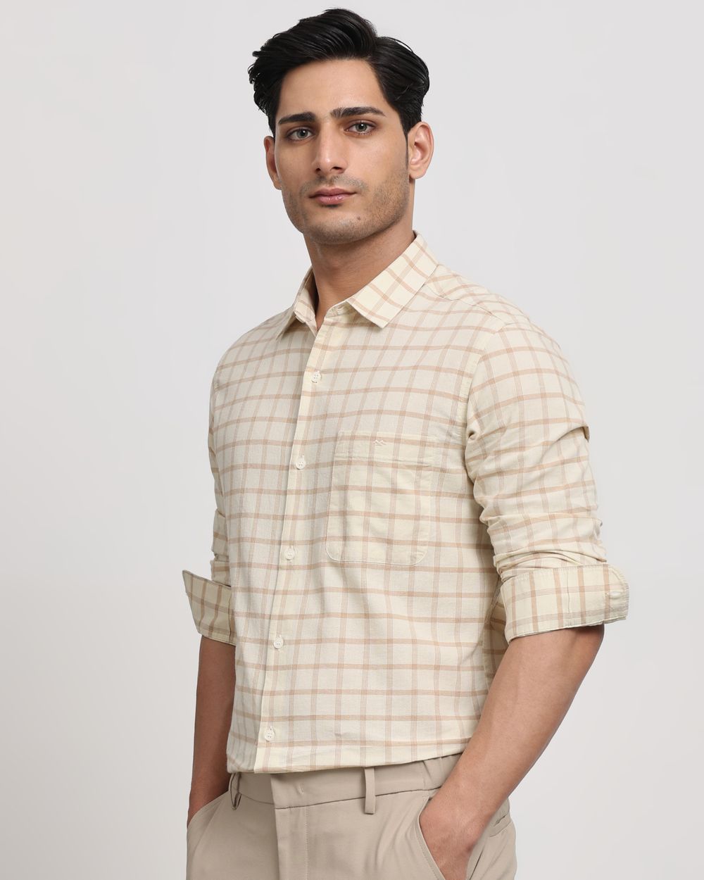 Beige Cotton Linen Check Slim Fit Casual Shirt