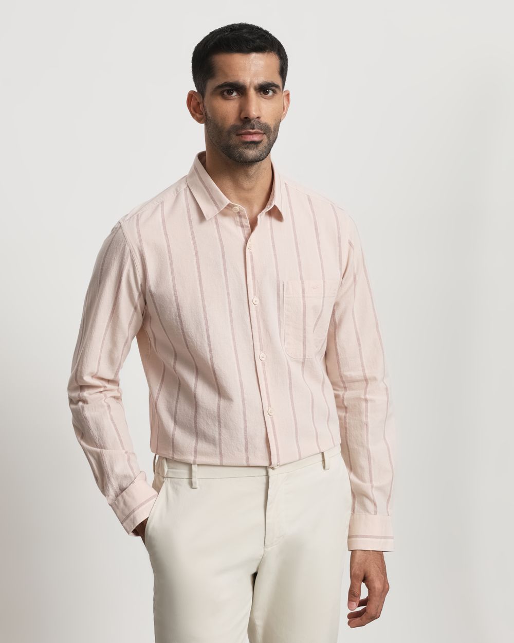 Pastel Pink Cotton Linen Stripe Slim Fit Casual Shirt