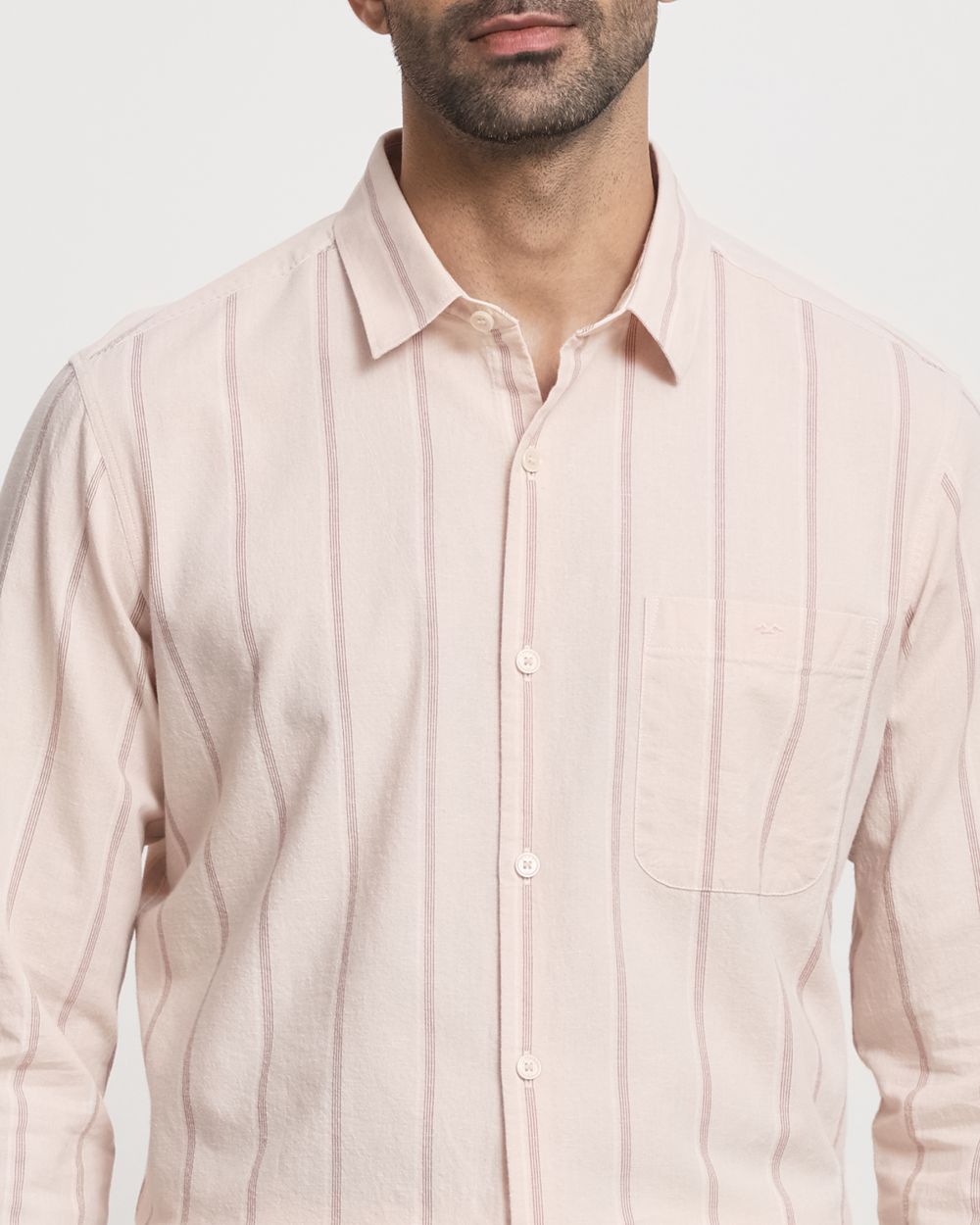 Pastel Pink Cotton Linen Stripe Slim Fit Casual Shirt