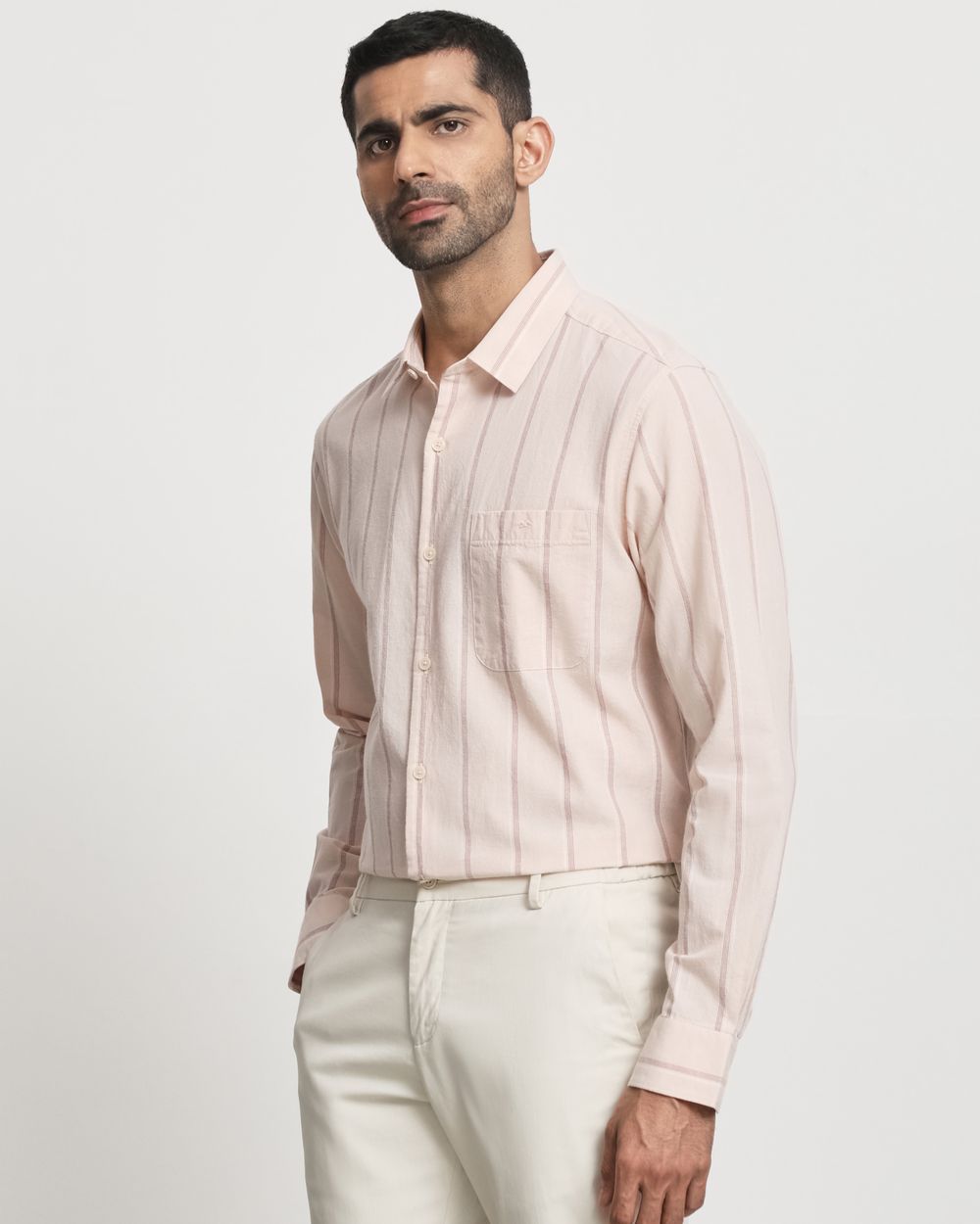 Pastel Pink Cotton Linen Stripe Slim Fit Casual Shirt