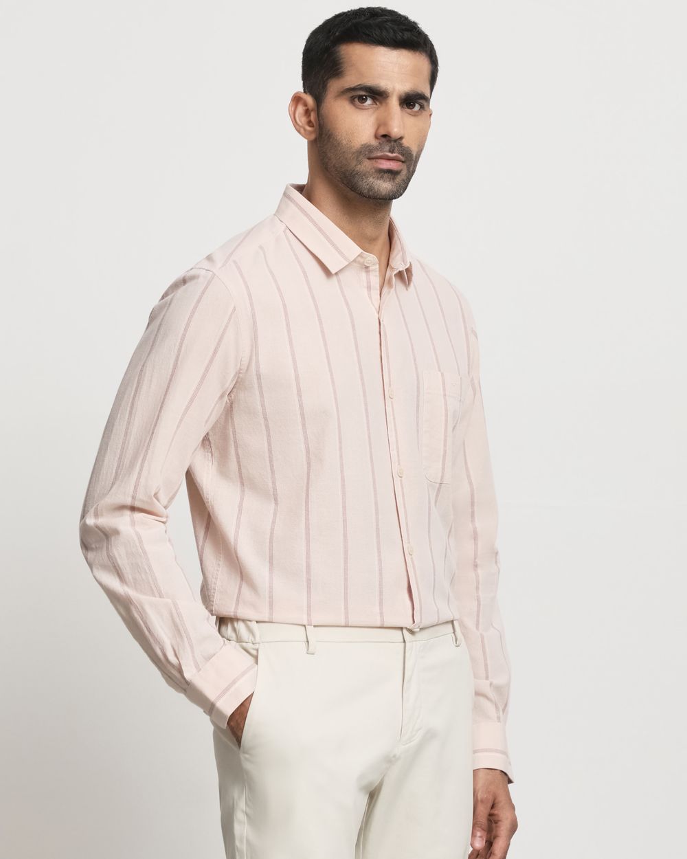 Pastel Pink Cotton Linen Stripe Slim Fit Casual Shirt