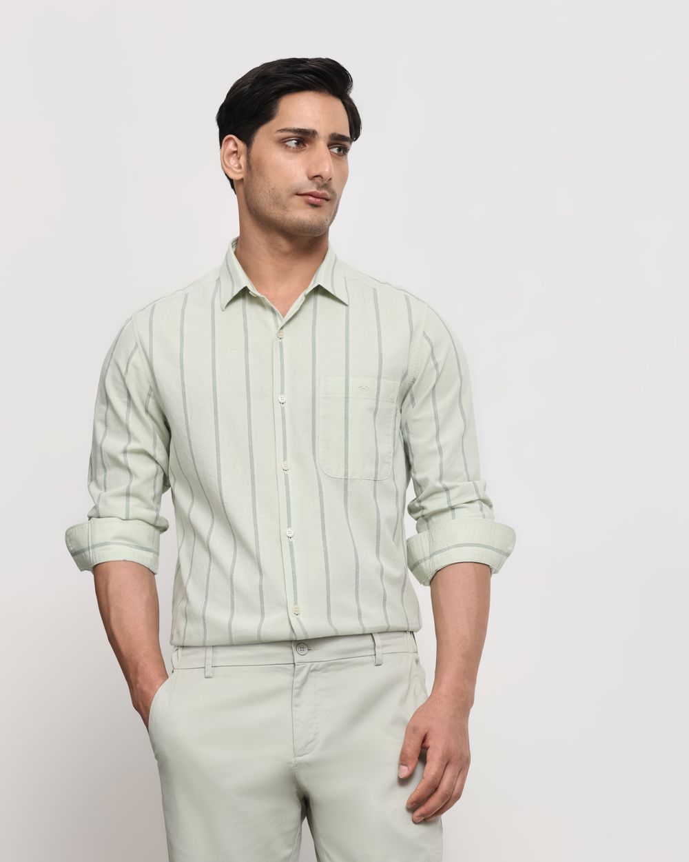 Sage Cotton Linen Stripe Slim Fit Casual Shirt