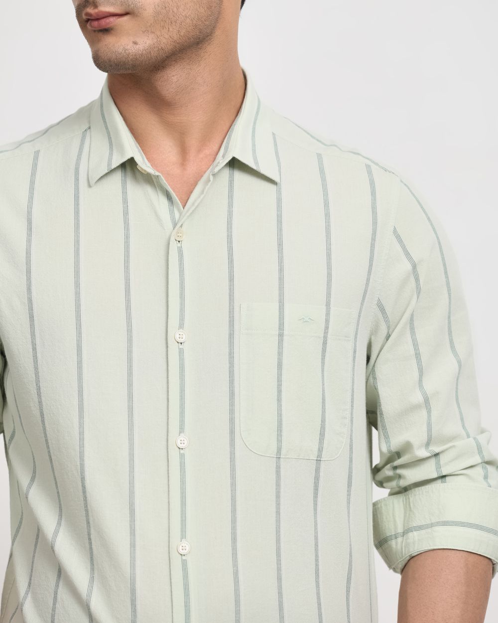 Sage Cotton Linen Stripe Slim Fit Casual Shirt