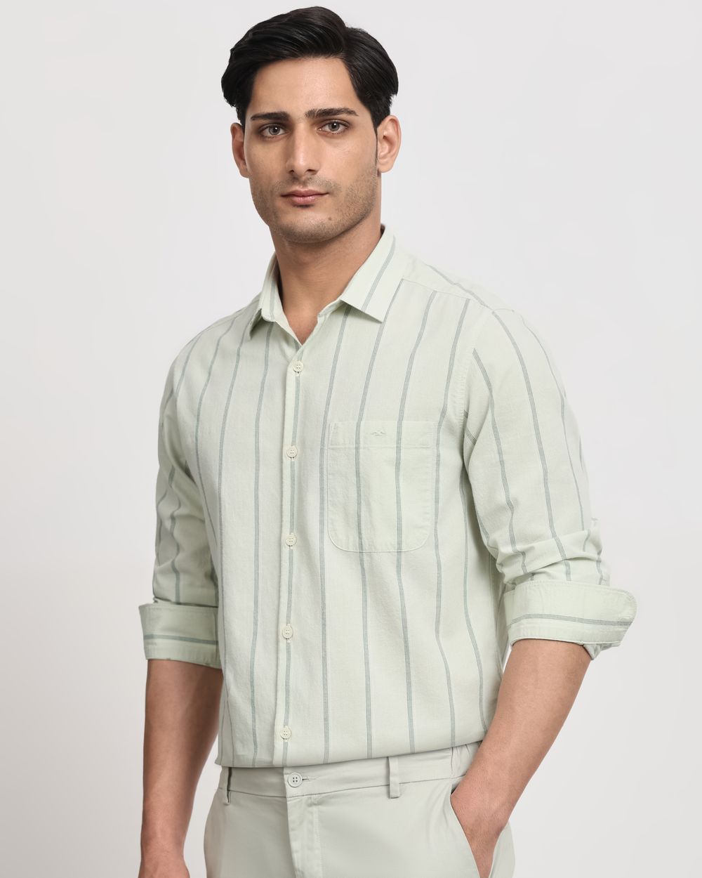 Sage Cotton Linen Stripe Slim Fit Casual Shirt