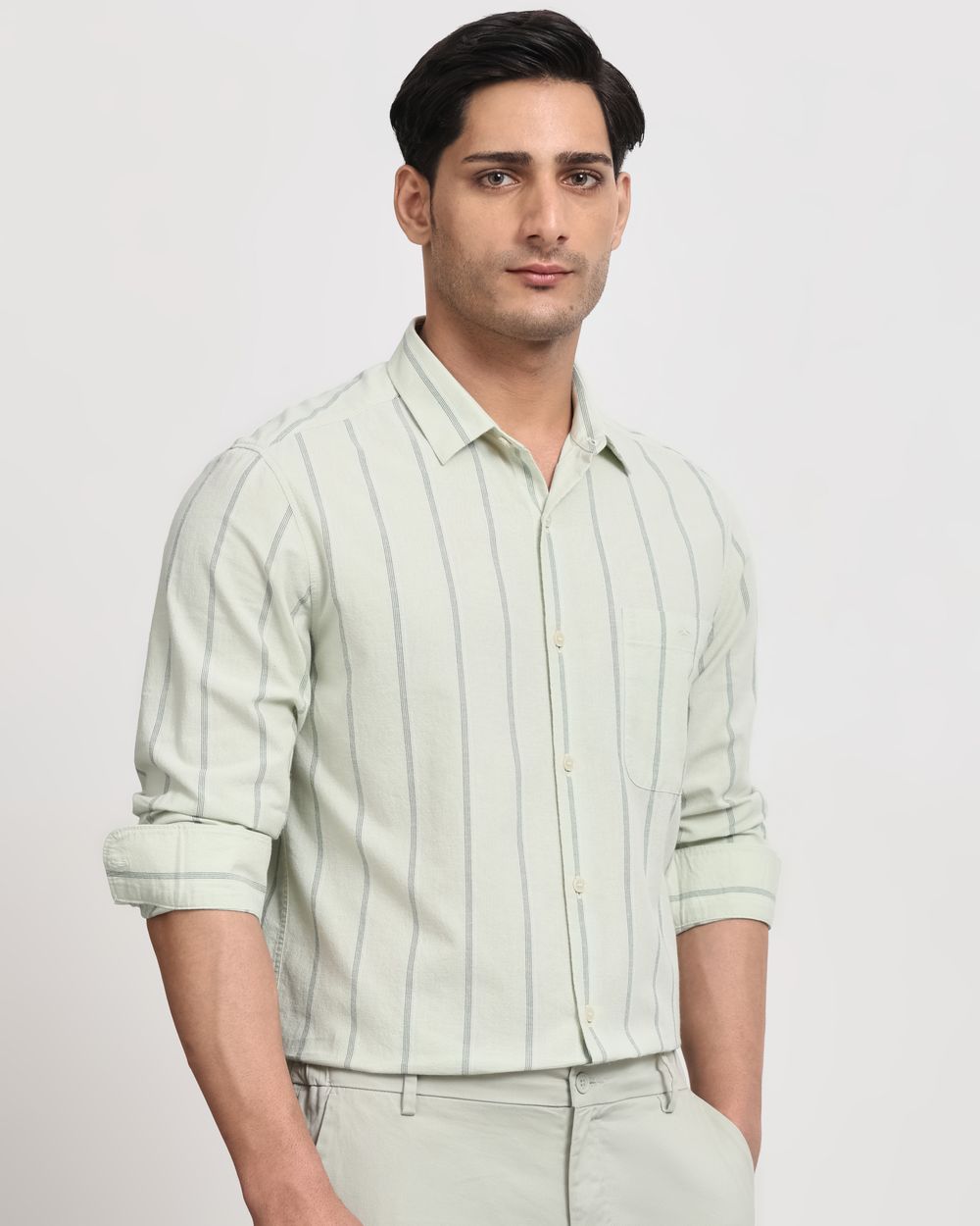 Sage Cotton Linen Stripe Slim Fit Casual Shirt