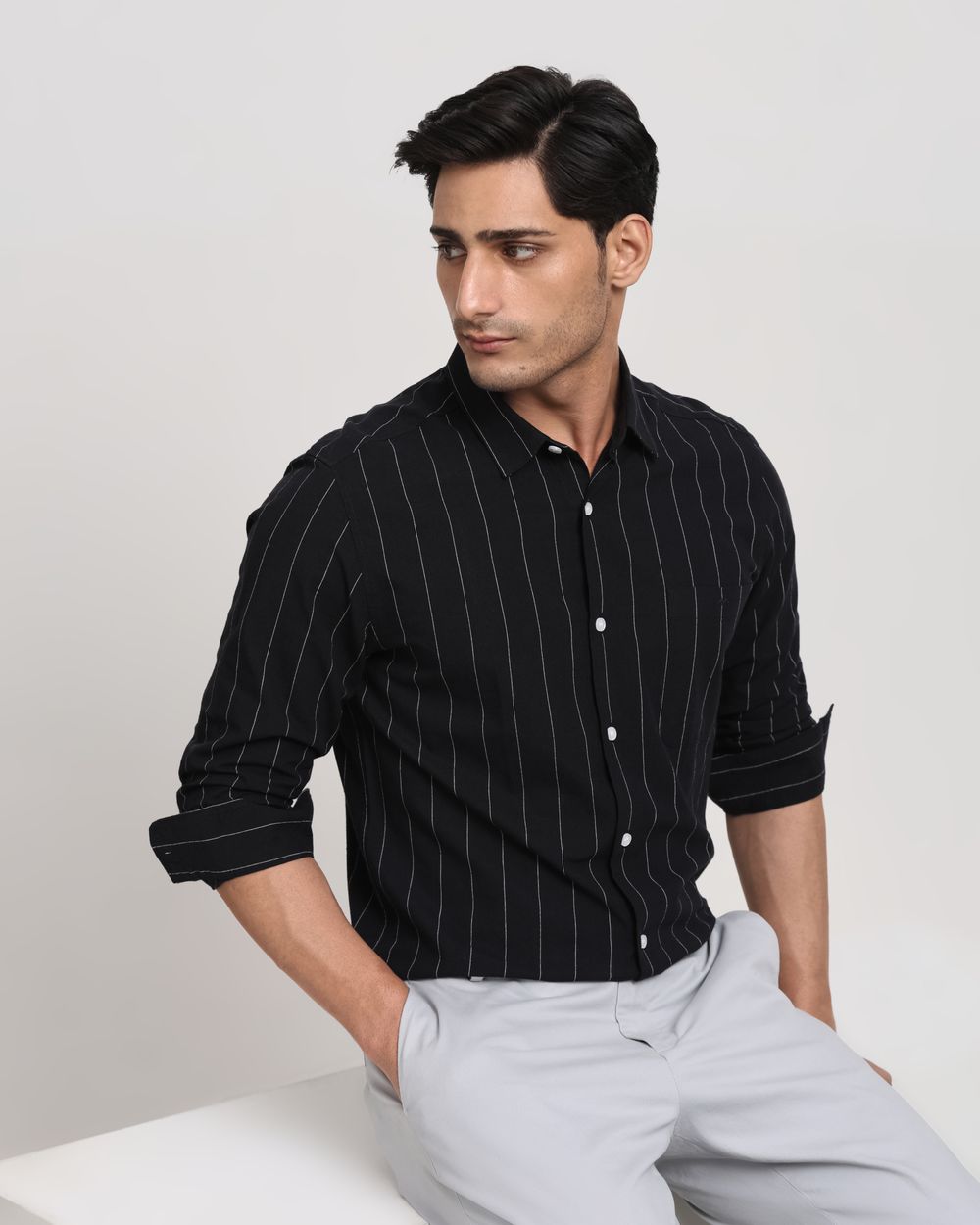 Black Cotton Linen Stripe Slim Fit Casual Shirt