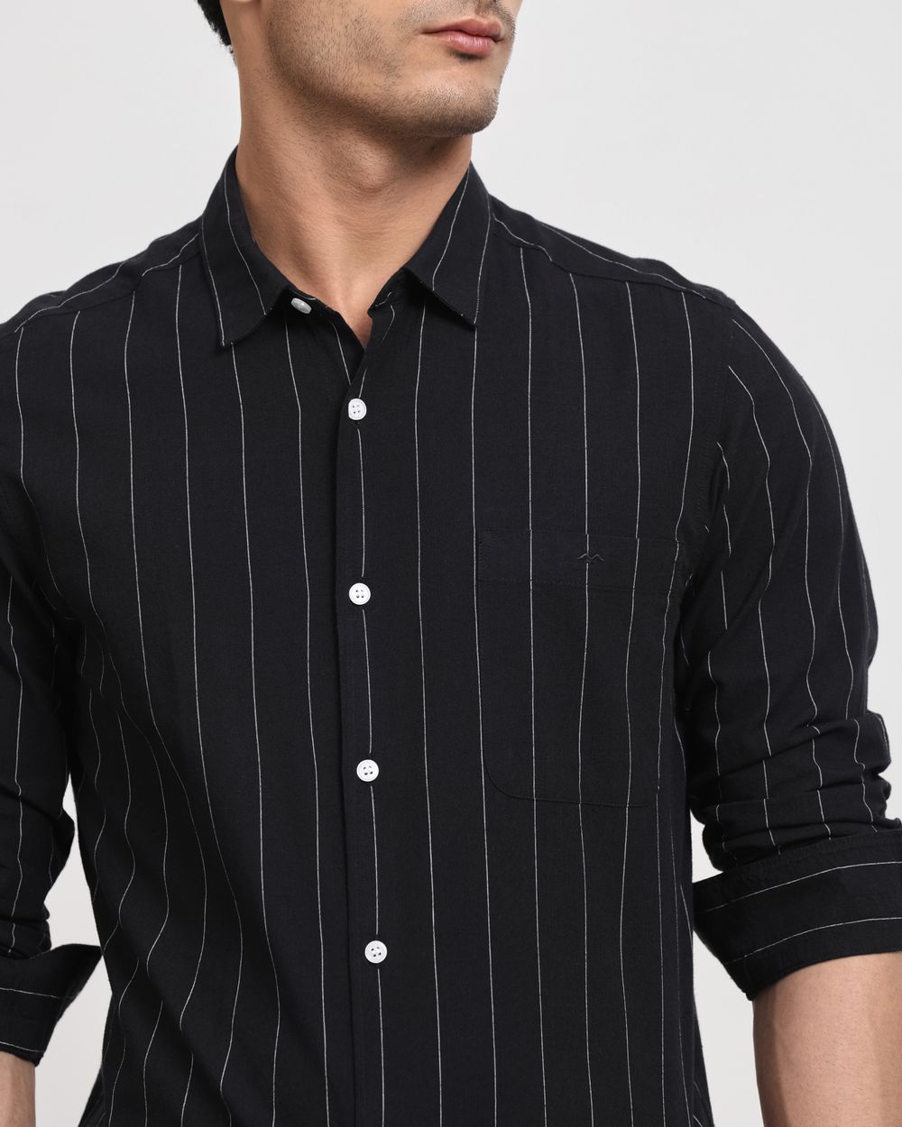 Black Cotton Linen Stripe Slim Fit Casual Shirt