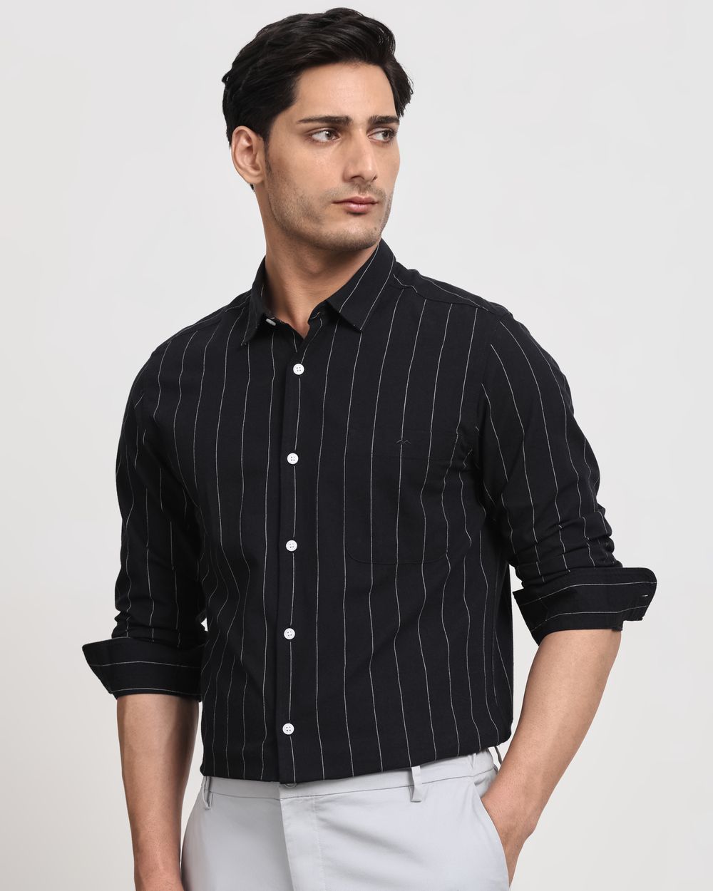 Black Cotton Linen Stripe Slim Fit Casual Shirt