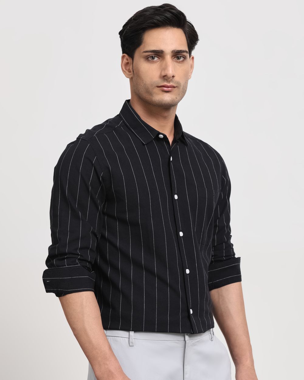 Black Cotton Linen Stripe Slim Fit Casual Shirt