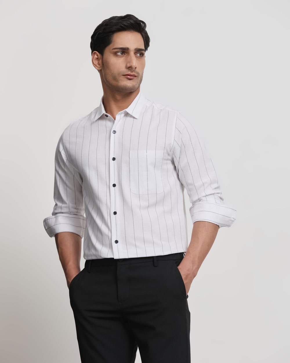White Cotton Linen Stripe Slim Fit Casual Shirt