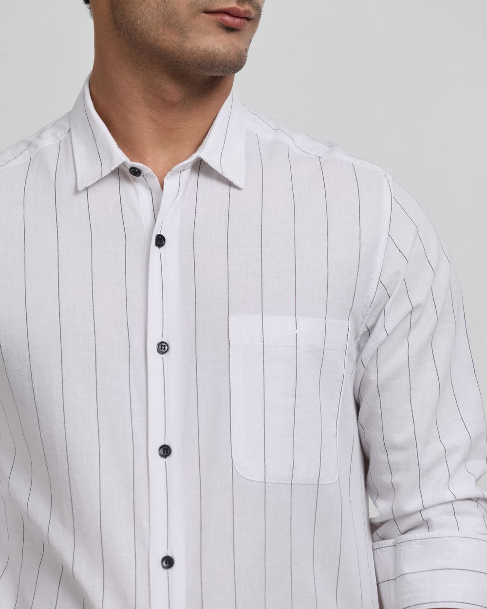 White Cotton Linen Stripe Slim Fit Casual Shirt