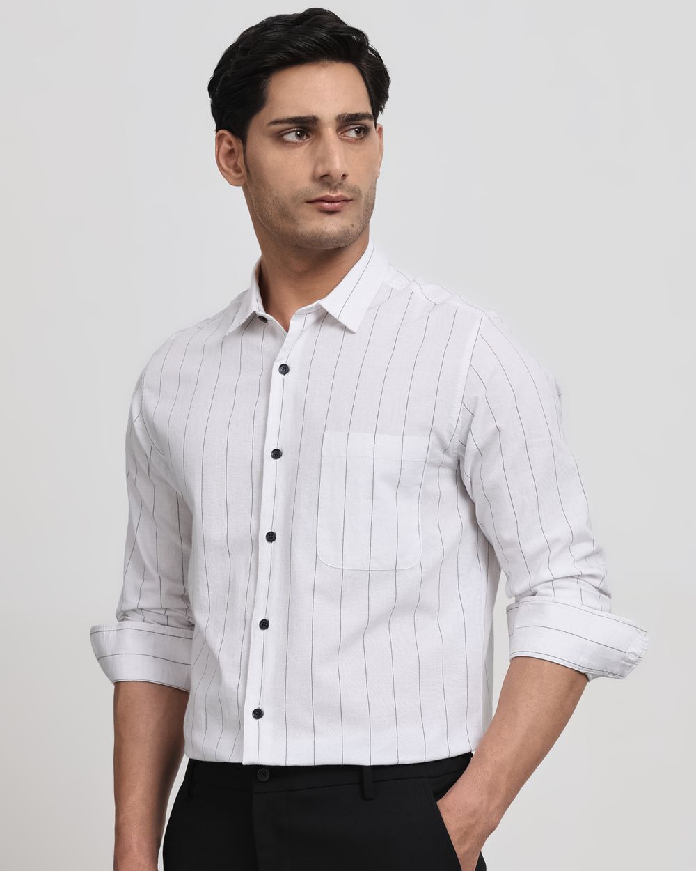 White Cotton Linen Stripe Slim Fit Casual Shirt