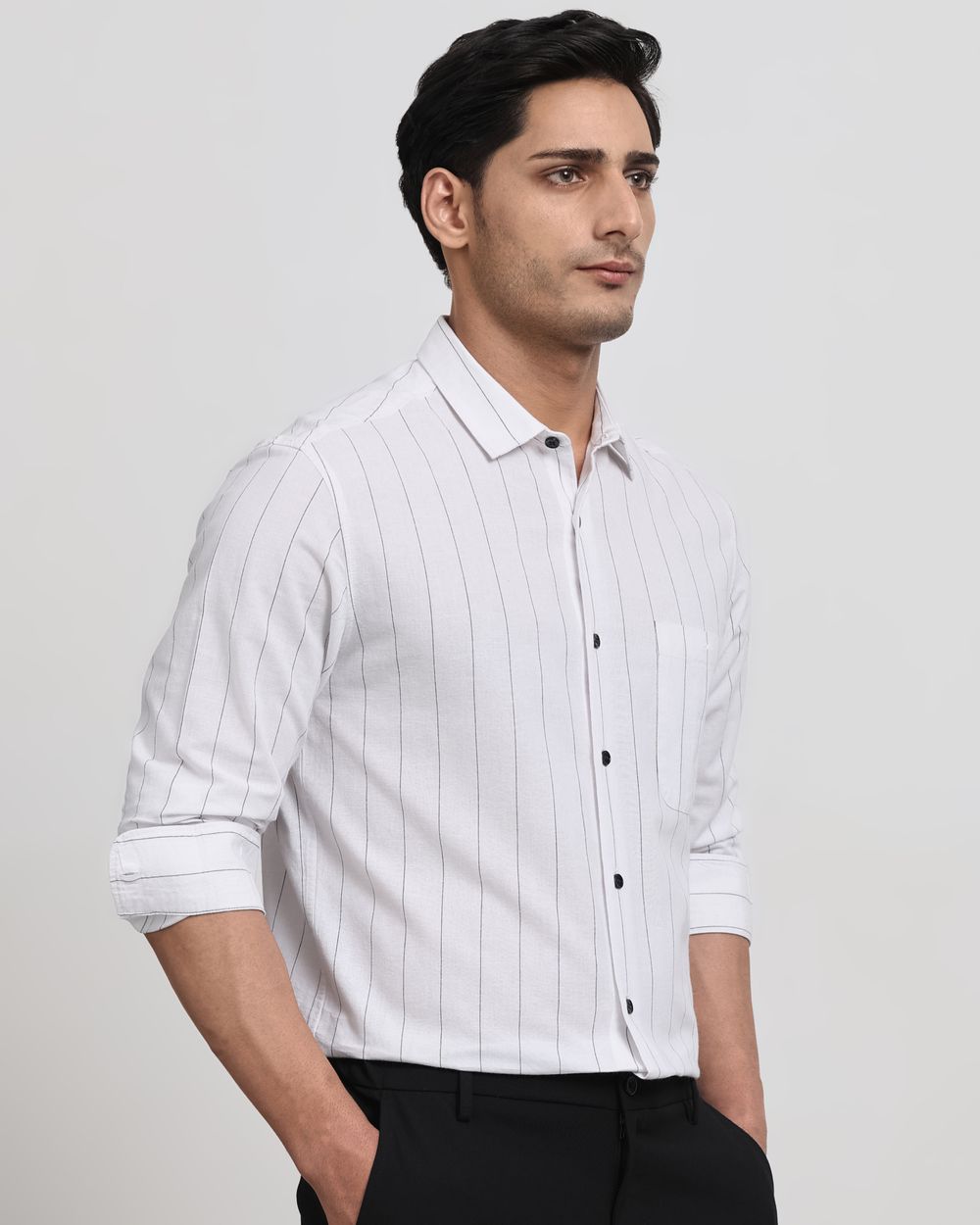 White Cotton Linen Stripe Slim Fit Casual Shirt