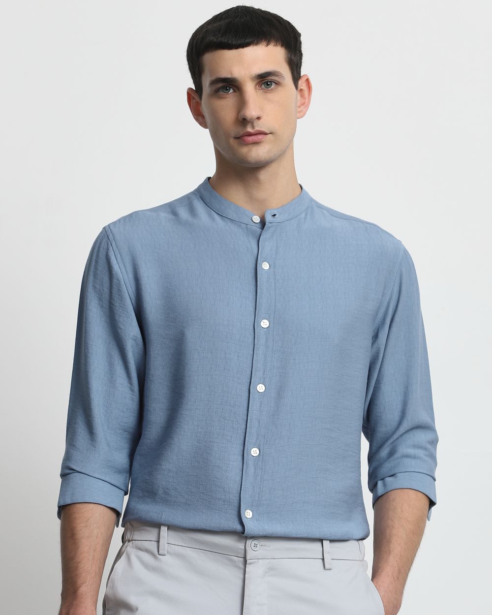 Blue Textured Plain Slim Fit Casual Shirt