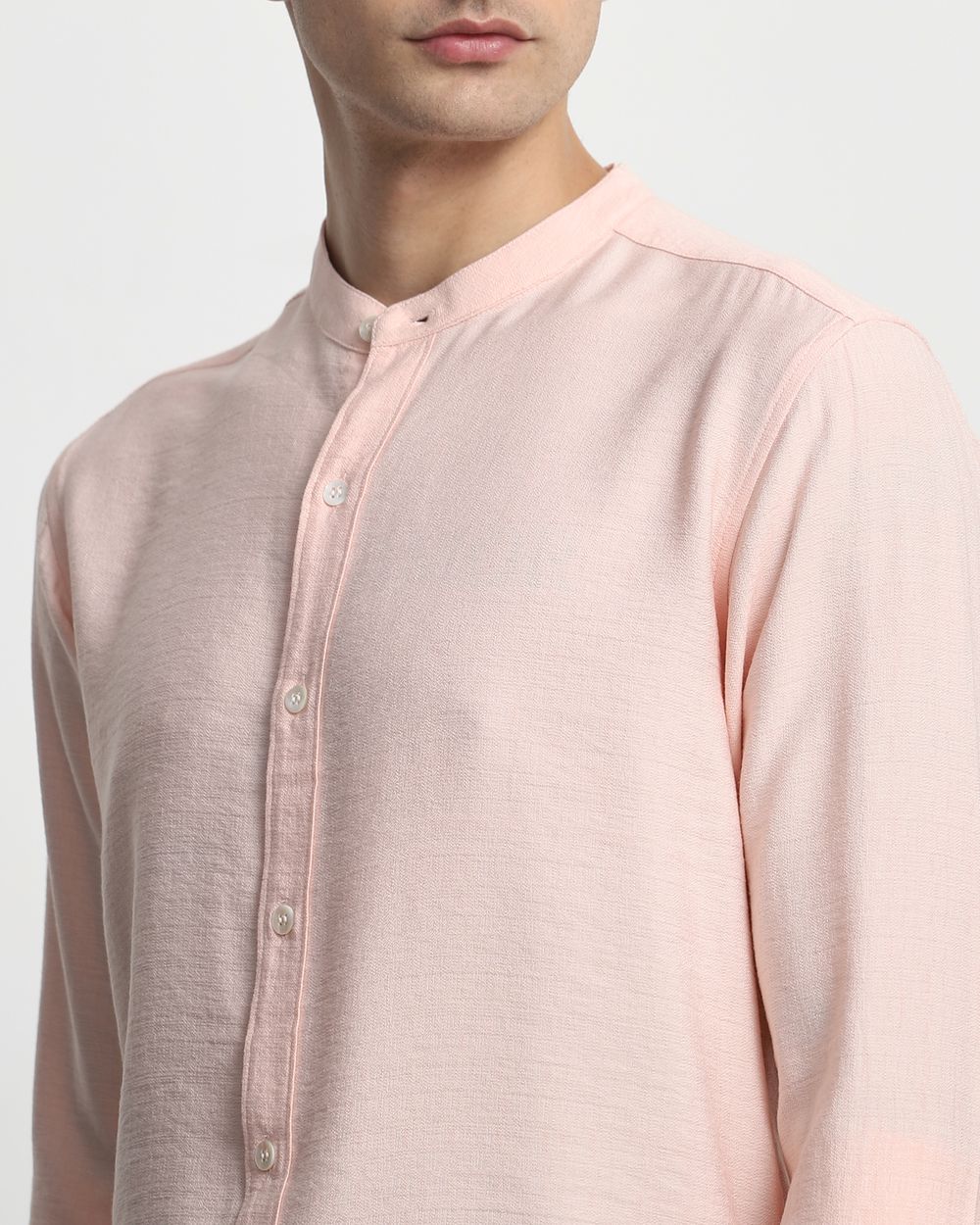 Peach Textured Plain Slim Fit Casual Shirt