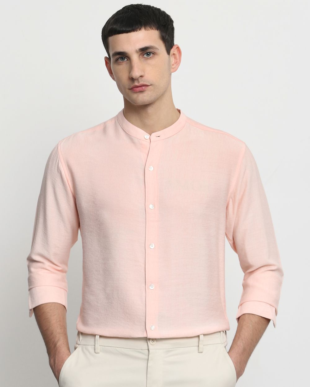 Peach Textured Plain Slim Fit Casual Shirt