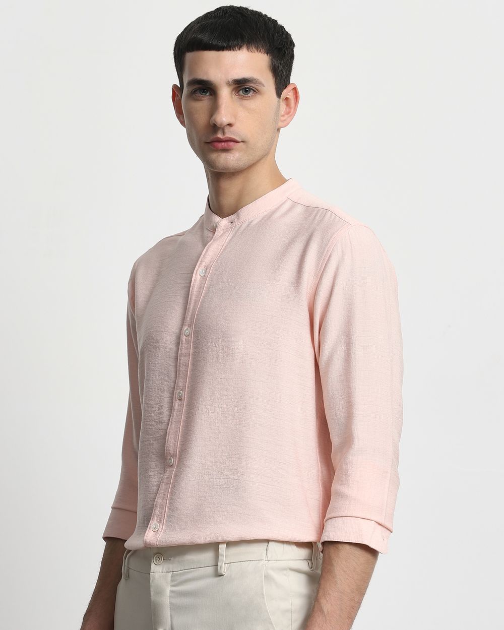 Peach Textured Plain Slim Fit Casual Shirt