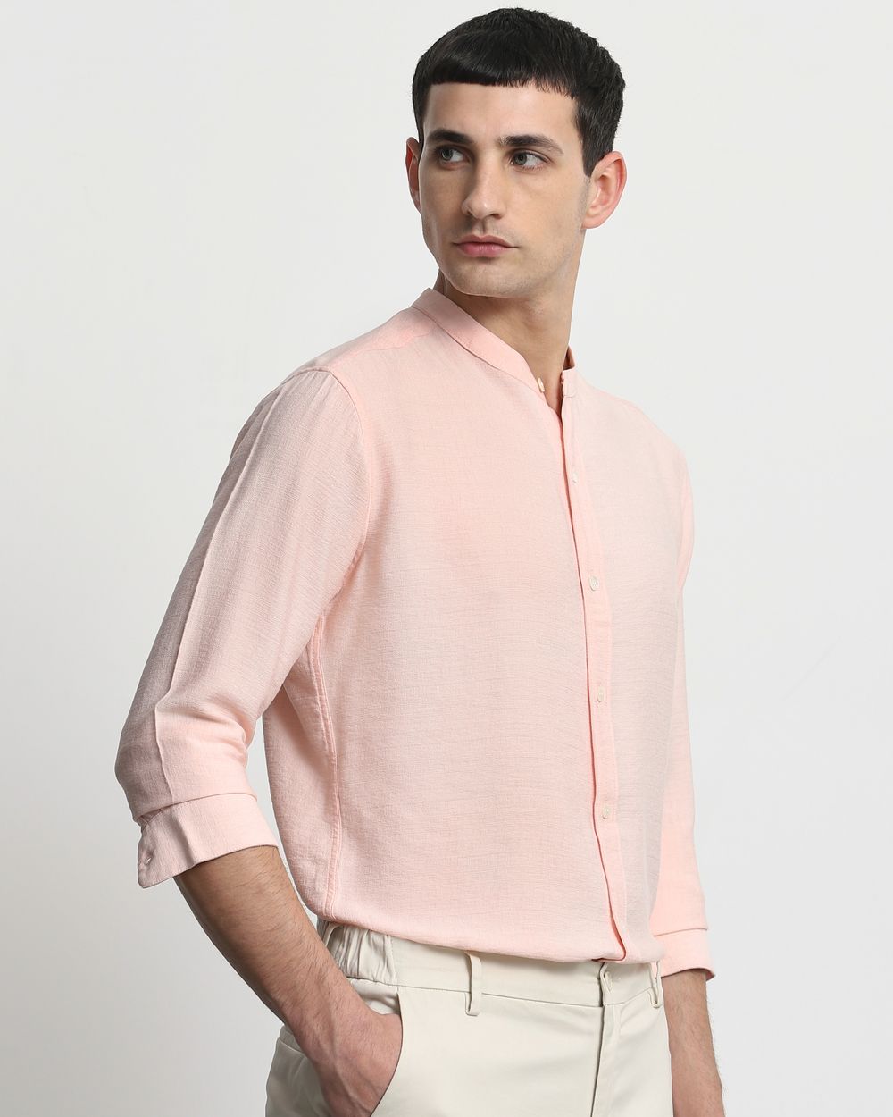 Peach Textured Plain Slim Fit Casual Shirt